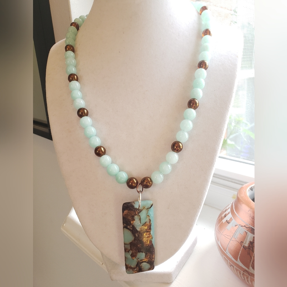 New necklace,  handmade- aquamarine and copper bornite,  oblong pendant,  toggle